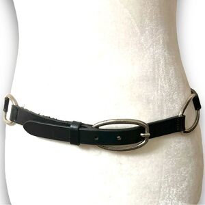 albatros belt black leather silver toned buckle & rings made in Italy EUC